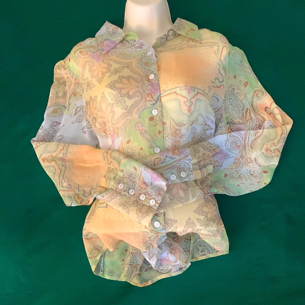 TRACY M Sheer Paisley Leaf Heart Print Silk Blouse XL NWOT